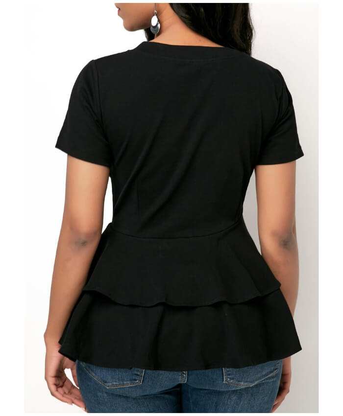 Ruffle Hem Black Short Sleeve Blouse